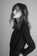 Fototapeta premium Black and white portrait of a young Caucasian woman with wavy hair, wearing a dark blazer, gazing thoughtfully to the side.