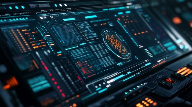 A digital interface monitoring secure server connections, with alerts and logs showing successful encryption of data.