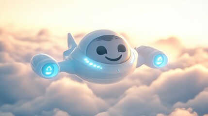 Obraz premium Smiling spaceship flying above clouds.