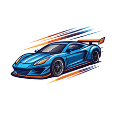 A vector illustration of a blue sports car with a rear wing, driving fast on a race track.