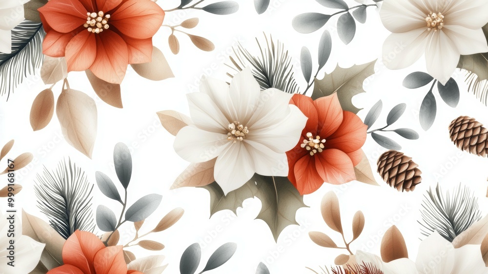 Poster A floral pattern with red and white flowers and brown leaves