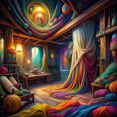 An intricate workshop, awash in color, features a ceiling draped in threads and yarn, with spools, yarn balls, and a vibrant, rainbow-hued curtain