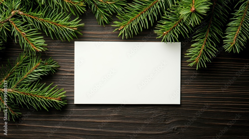 Wall mural a white card is placed on a wooden surface with green leaves