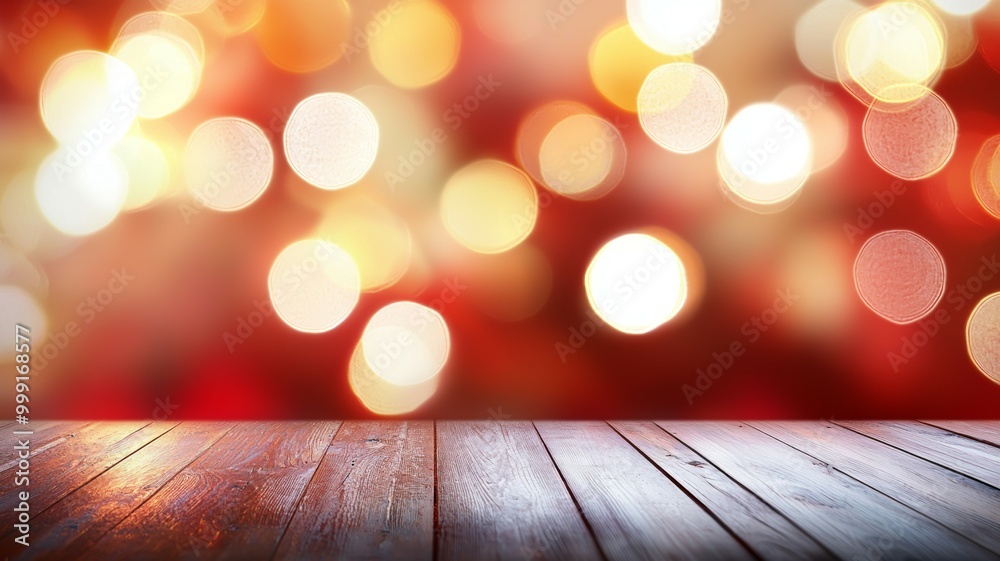 Poster A wooden table with a red background and a blurry background