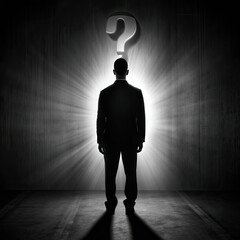 Obraz premium A man in a suit stands in a dark room illuminated by a spotlight. A question mark appears above his head