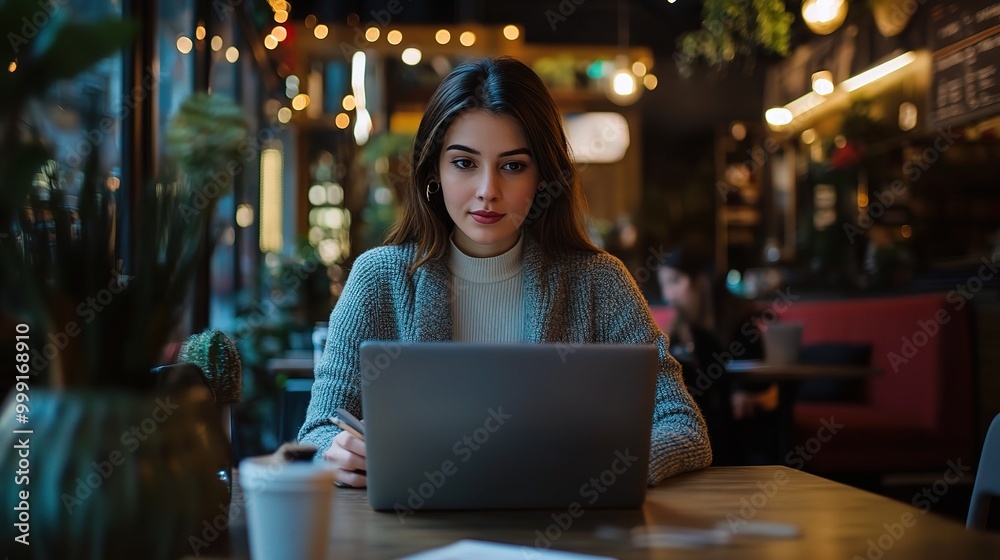 Poster Young Woman Working on Laptop in Cozy Cafe Setting