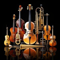 An assortment of symphony orchestra instruments including violins, cellos, and a trumpet are arranged on a black surface with their reflections visible beneath them