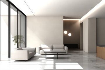 A minimalist creative design for a modern interior, using sleek furniture, neutral tones, and open spaces to create a calming environment.