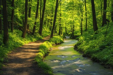 Obraz premium Serene forest stream flowing through lush green landscape