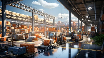 Fototapeta premium A busy warehouse filled with stacked boxes and forklifts for efficient logistics operations.