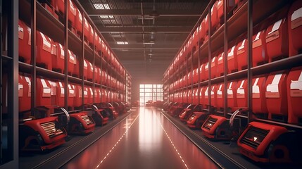 A corridor lined with red storage units in a modern industrial setting.