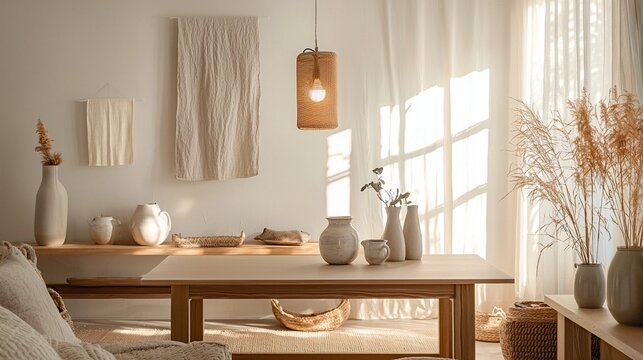 A photo of wood furniture, bowls, and interior decorations from a Scandinavian interior and japandi interior combination. Generative AI
