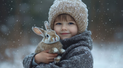 boy in winter forest holds small rabbit, surrounded by falling snowflakes. scene captures heartwarming moment of joy and innocence in snowy landscape