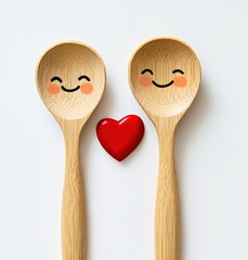 Wooden spoons with smiling faces and a red heart