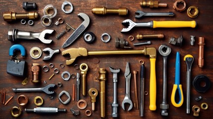 Fototapeta premium Assortment of Tools on a Wooden Surface