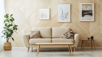 Obraz premium A modern Scandinavian interior photo of a residential living room with walls and sofas that are finished in nice patterns using wood panels. Generative AI 