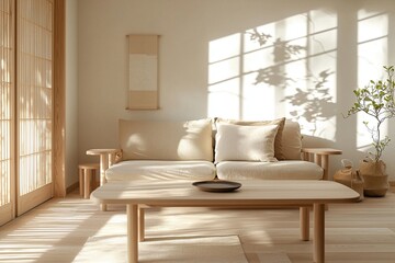 A picture of a living room interior with a Scandinavian interior and a japandi interior combination. Generative AI
