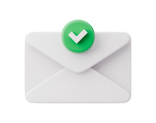 White realistic mail with check mark. Green tick in envelope. Realistic 3D verified letter. Notification, communication icon. Isolated message on a white background.