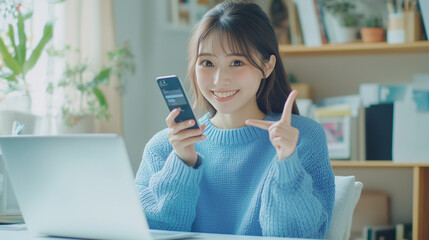 astarte.ai: Smiling Japanese Woman Working from Home with Laptop