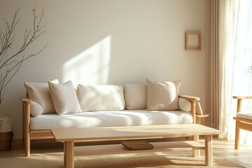 A modern living room photo of a Scandinavian interior and a japandi interior combination with art-framed walls and sofas. Generative AI
