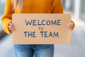 Woman holding a Welcome to the Team sign, symbolizing a warm and inclusive team environment. Perfect for onboarding and team building