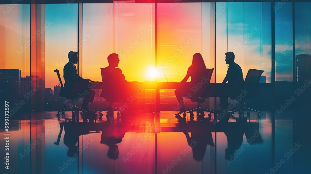 Wall mural Silhouette of Business Meeting Against Sunset Background