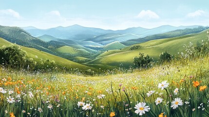 Fototapeta premium Quote over a serene meadow with wildflowers and rolling hills, perfect for a peaceful and natural background.
