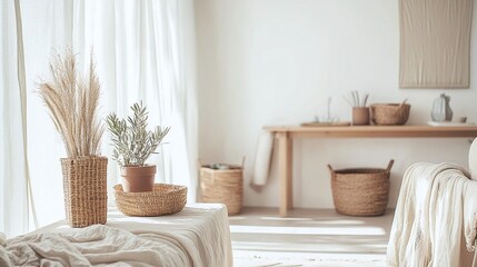 Photographed wood furniture and interior decorations from a Scandinavian interior and a japandi interior combination. Generative AI

