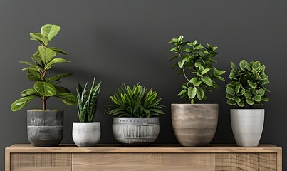 Obraz premium Indoor potted plants on top of dresser an old wooden chest of drawers