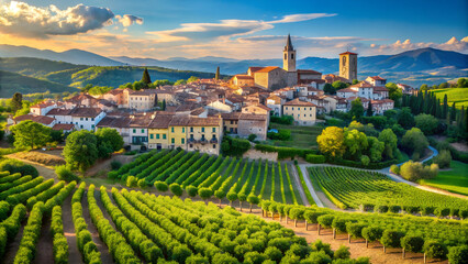 The photo shows a picturesque Italian village with green vineyards in the foreground. Mountains can be seen in the background and the village houses are illuminated by soft evening light.