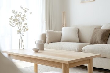 Naklejka premium Photographed the living room of a combination of Scandinavian and japandi interiors in a modern house. Generative AI 