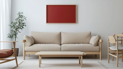 Fototapeta premium A modern living room photo of a Scandinavian interior and a japandi interior combination with art-framed walls and sofas. Generative AI 