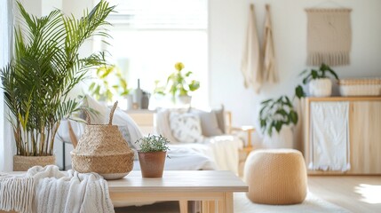 Obraz premium Photographed wood furniture and interior decorations from a Scandinavian interior and a japandi interior combination. Generative AI 