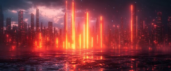 Fototapeta premium Futuristic city skyline with glowing red lights and reflections in water.