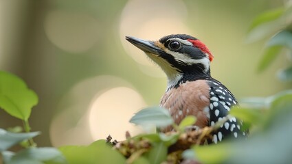 A vibrant woodpecker perches gracefully among lush green foliage, its striking plumage standing out against a soft, dreamy background that evokes a sense of tranquility and nature's beauty.