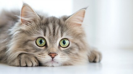Obraz premium A cat with green eyes is laying on a white floor