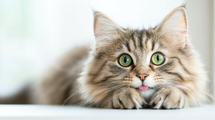 A cat with green eyes is laying on a table