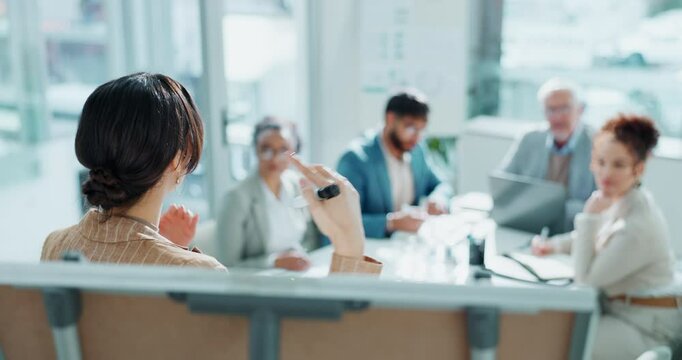 Business woman, whiteboard and team with applause for meeting, well done or good job at office. Female person or speaker talking to group of employees clapping for success or speech at workplace