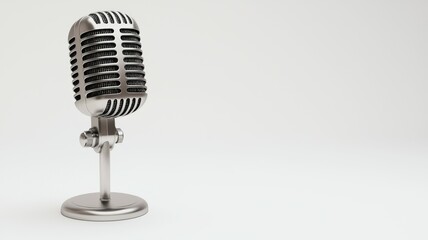 A microphone is sitting on a stand in front of a white background