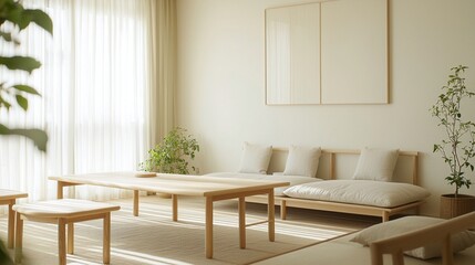Fototapeta premium A modern living room photo of a Scandinavian interior and a japandi interior combination with art-framed walls and sofas. Generative AI 