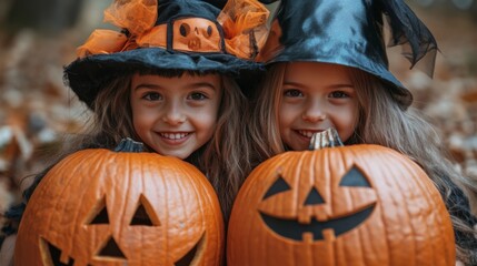 Fototapeta premium Girls Celebrating Halloween with Pumpkins and Costumes