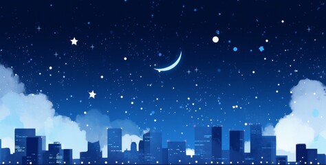 Fototapeta premium a City Skyline at Night with Stars, Moon, and Silhouetted Buildings, Minimalist Design in Blue Color Scheme