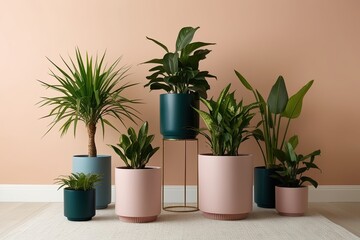 Fototapeta premium Elegant Indoor Plants in Chic Containers Against a Refined Pastel Background