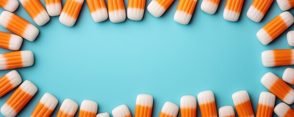 Obraz premium Colorful candy corn arranged in a circular pattern over a blue background.