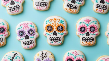 Colorful sugar skull cookies on a blue background for festive celebrations.