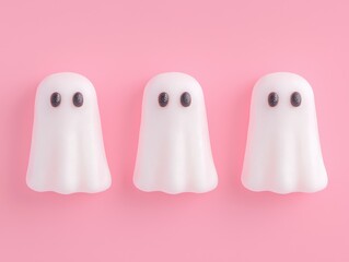 Three cute ghost-shaped sweets on a pink background, perfect for Halloween treats.