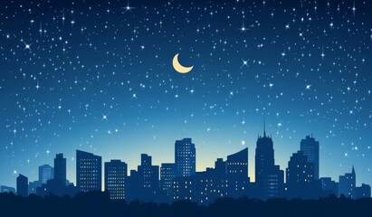 a City Skyline at Night with Stars, Moon, and Silhouetted Buildings, Minimalist Design in Blue Color Scheme