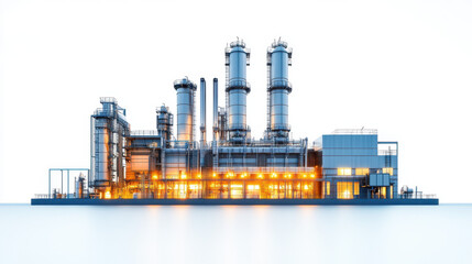 Obraz premium Vibrant lights illuminate a modern industrial factory with tall silos and extensive piping, showcasing a high-tech manufacturing facility under a bright, clear sky.