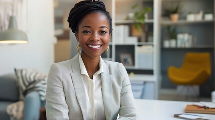 Professional Woman Smiling in Modern Workspace