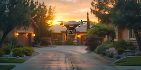 A drone flying over a suburban neighborhood at sunset.